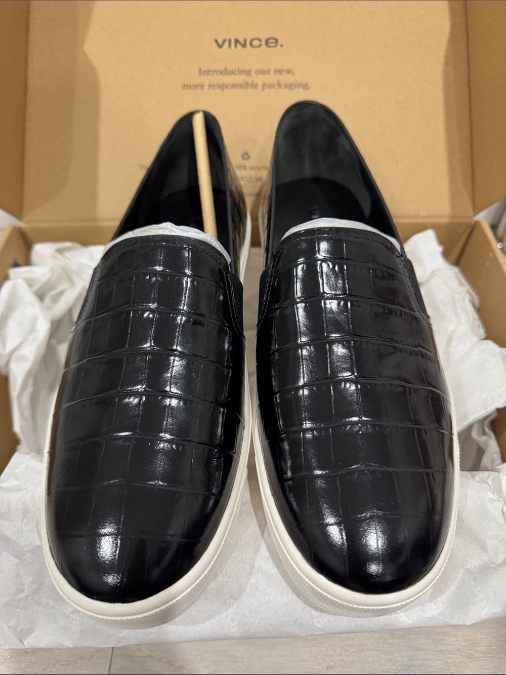 Vince Black Croc-Embossed Slip-On Sneakers with White Sole